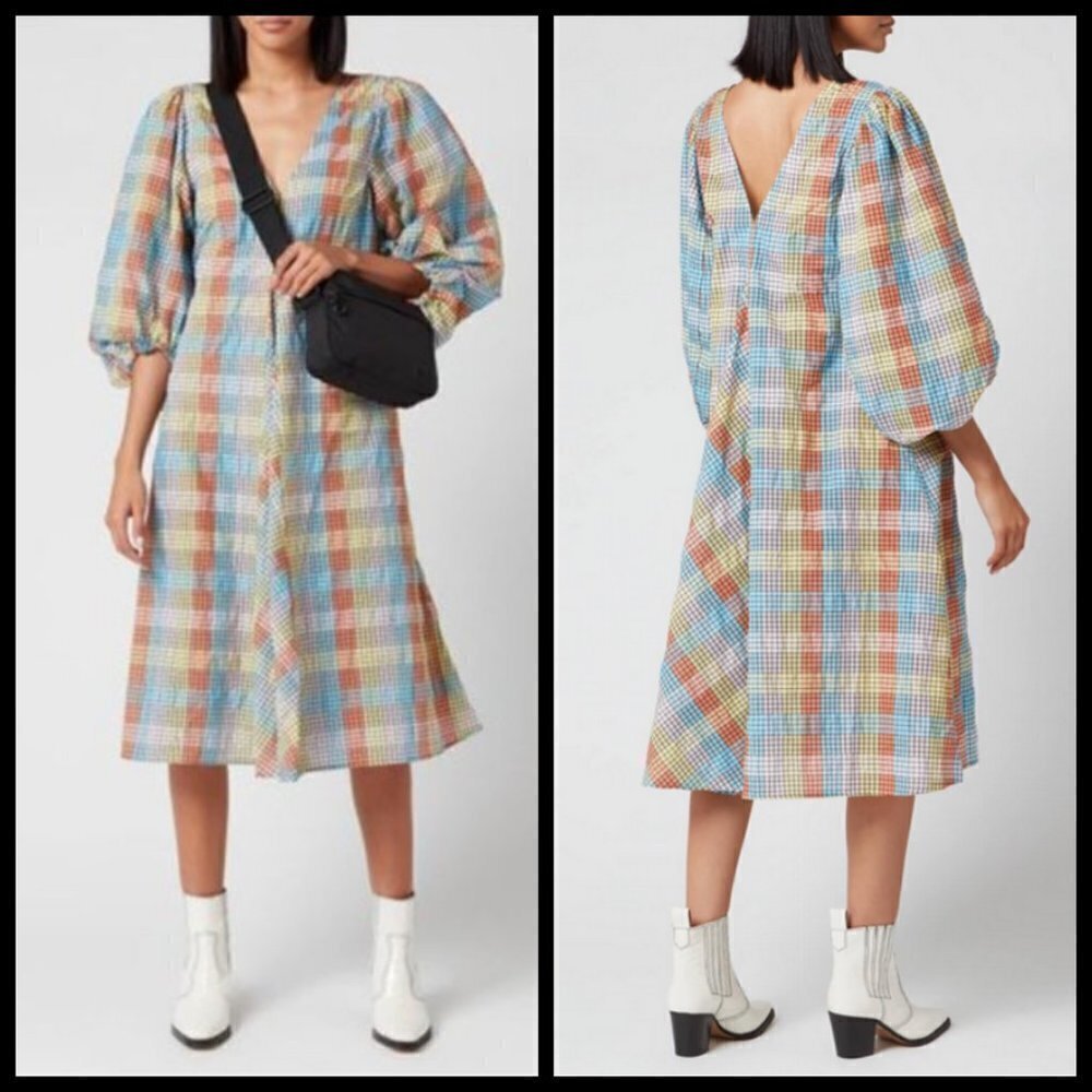 💕GANNI💕 Seersucker Check Dress ~ Midi Tent Plaid Picnic Balloon Sleeve Size 40